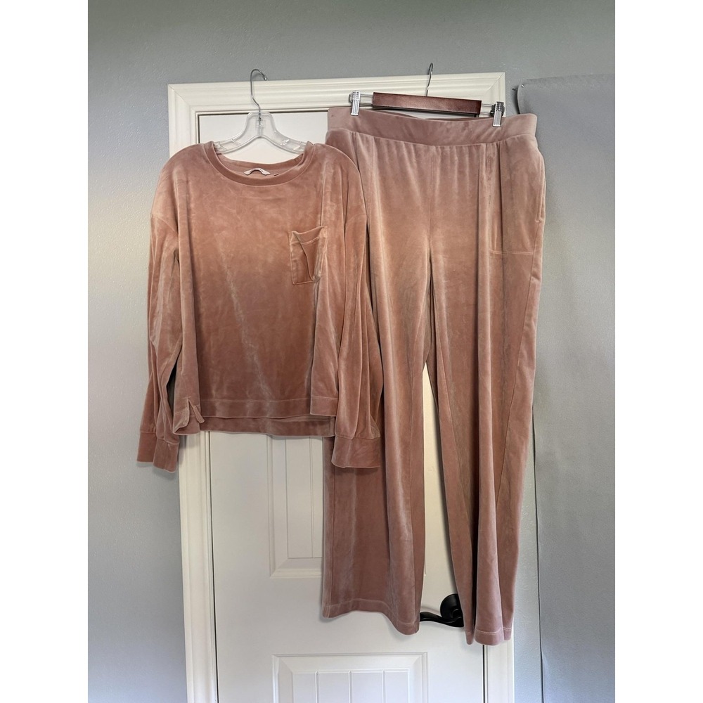 Soma Pajama Set Womens XL Pink Velour Long Sleeve Top Pants Crew Neck Lounge